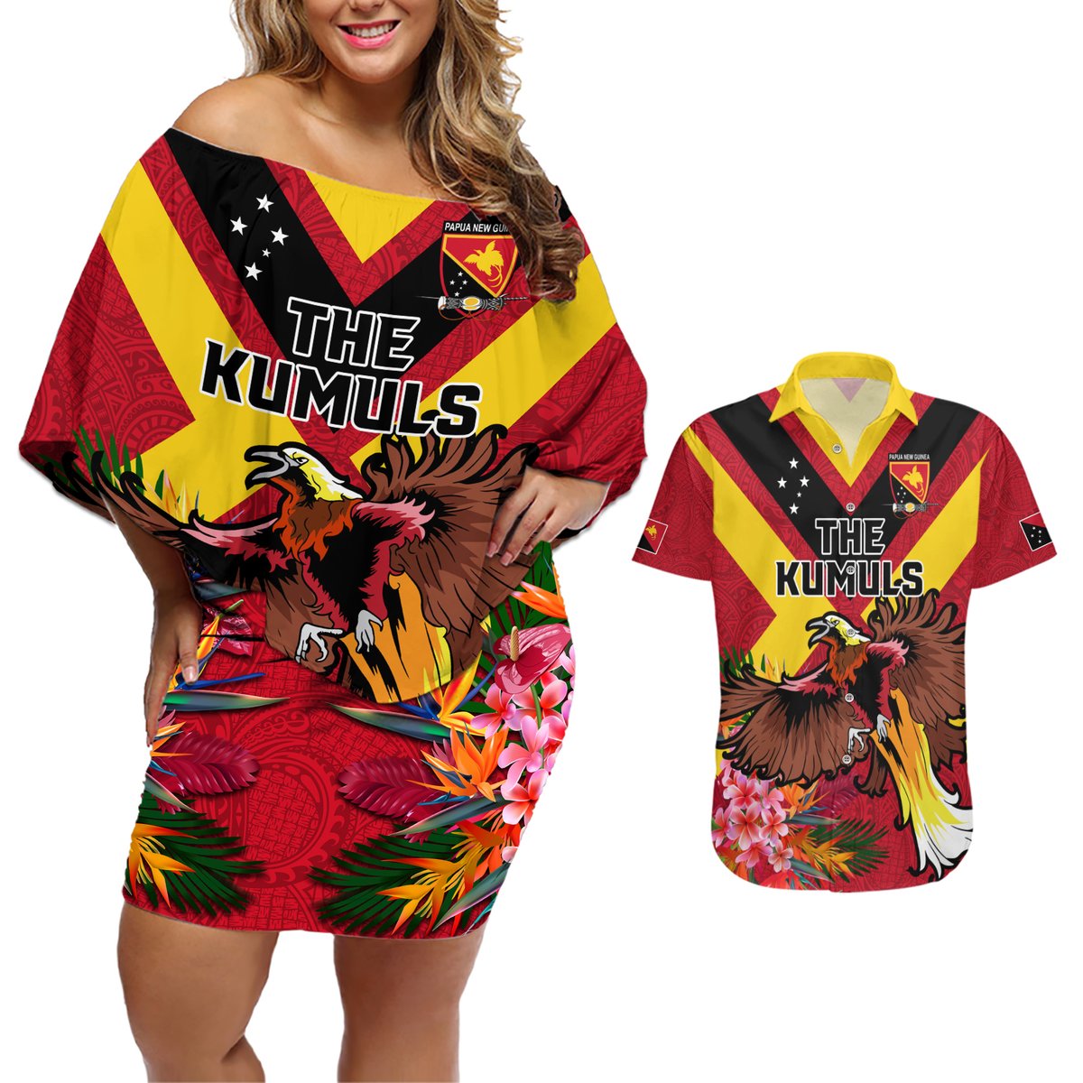 Custom Papua New Guinea Rugby Couples Matching Off Shoulder Short Dress and Hawaiian Shirt Bird of Paradise and Hibiscus Polynesian Pattern Red Color LT03 Red - Polynesian Pride