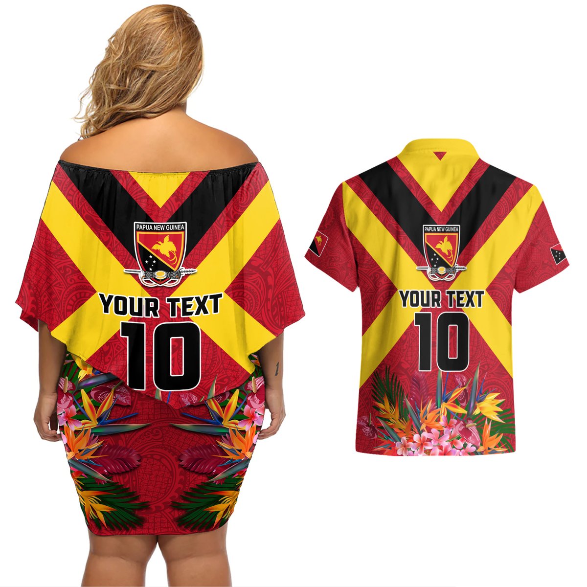Custom Papua New Guinea Rugby Couples Matching Off Shoulder Short Dress and Hawaiian Shirt Bird of Paradise and Hibiscus Polynesian Pattern Red Color LT03 - Polynesian Pride