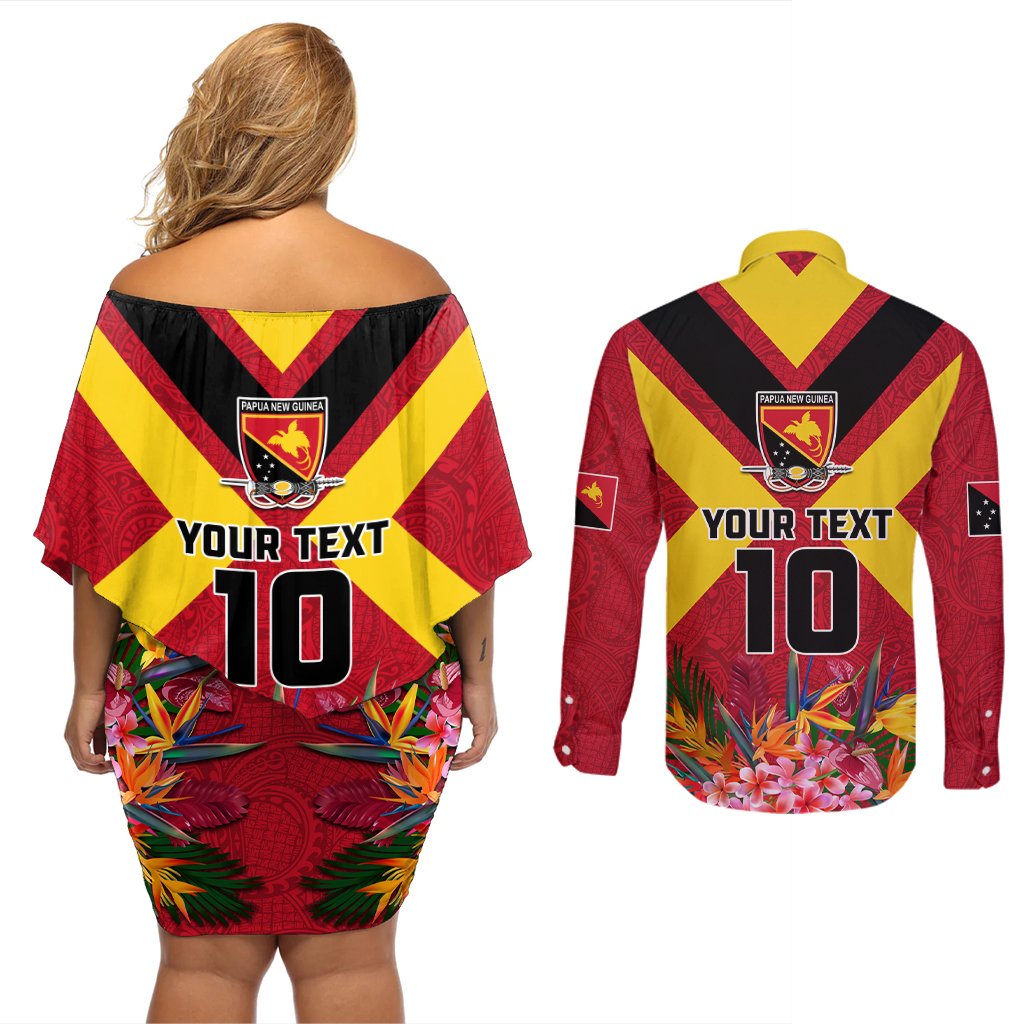 Custom Papua New Guinea Rugby Couples Matching Off Shoulder Short Dress and Long Sleeve Button Shirt Bird of Paradise and Hibiscus Polynesian Pattern Red Color LT03 - Polynesian Pride