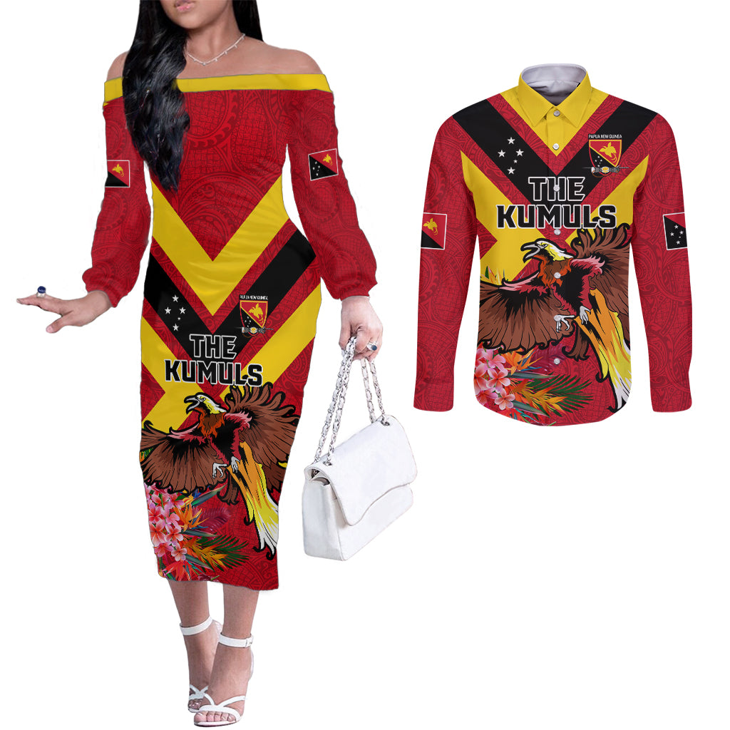 Custom Papua New Guinea Rugby Couples Matching Off The Shoulder Long Sleeve Dress and Long Sleeve Button Shirt Bird of Paradise and Hibiscus Polynesian Pattern Red Color LT03 Red - Polynesian Pride