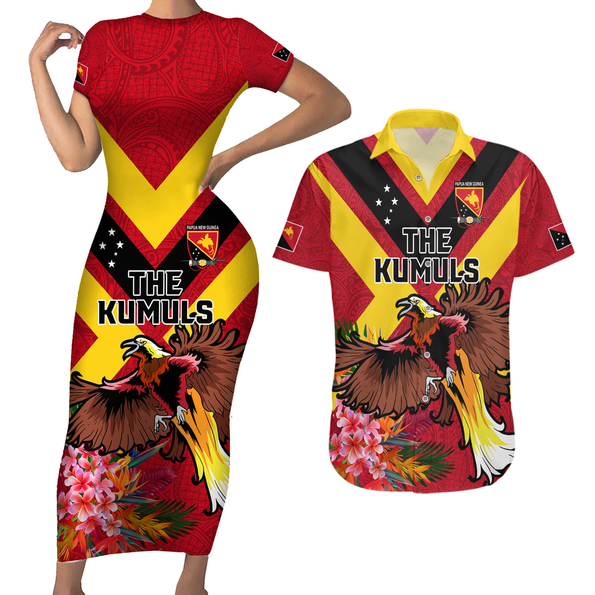 Custom Papua New Guinea Rugby Couples Matching Short Sleeve Bodycon Dress and Hawaiian Shirt Bird of Paradise and Hibiscus Polynesian Pattern Red Color LT03 Red - Polynesian Pride