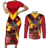 Custom Papua New Guinea Rugby Couples Matching Short Sleeve Bodycon Dress and Long Sleeve Button Shirt Bird of Paradise and Hibiscus Polynesian Pattern Red Color LT03 Red - Polynesian Pride