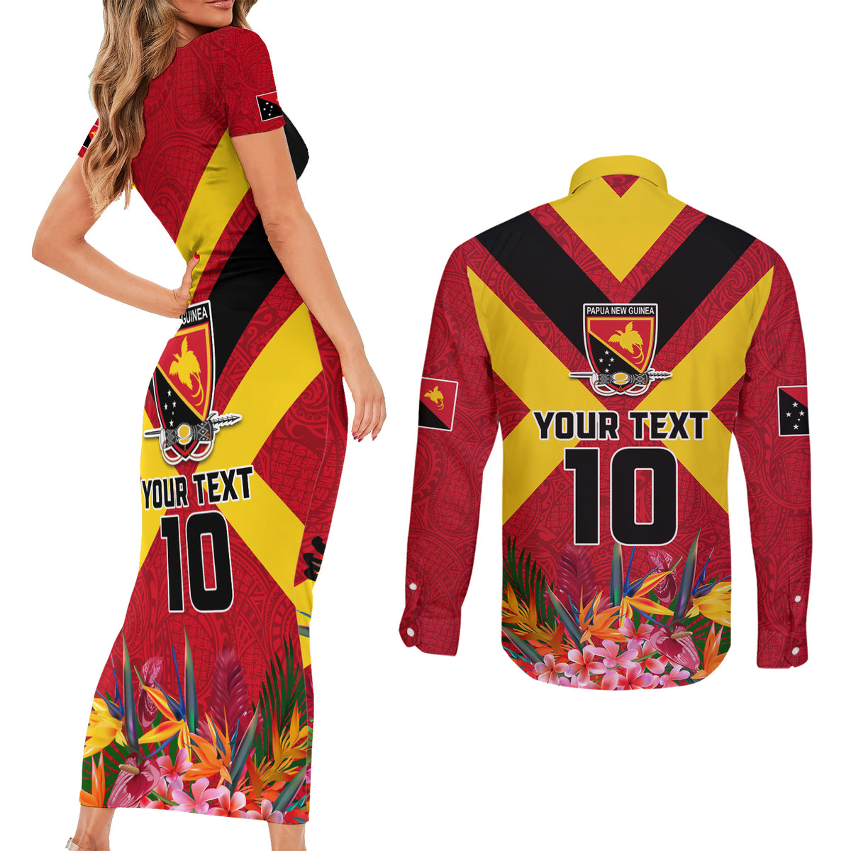 Custom Papua New Guinea Rugby Couples Matching Short Sleeve Bodycon Dress and Long Sleeve Button Shirt Bird of Paradise and Hibiscus Polynesian Pattern Red Color LT03 - Polynesian Pride