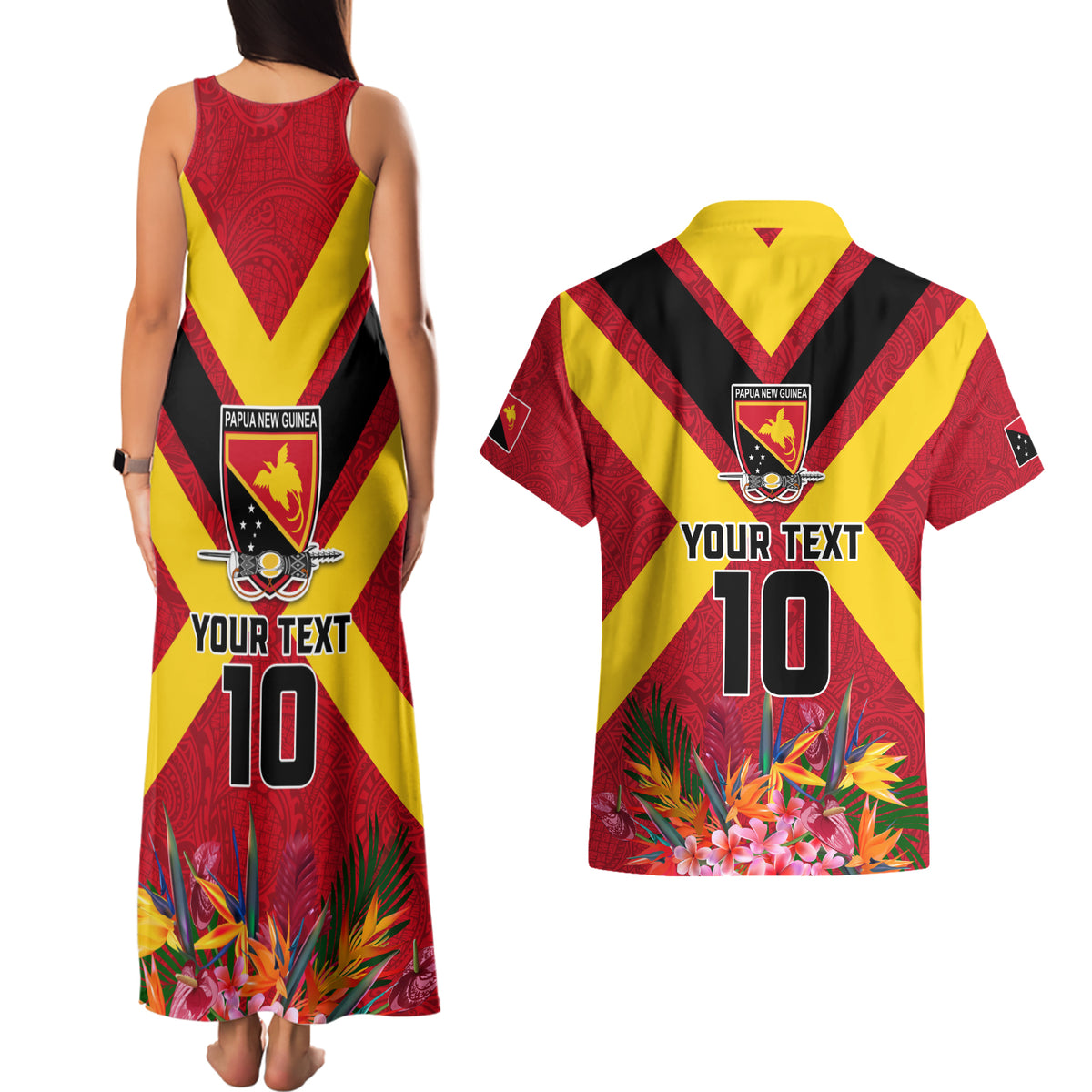 Custom Papua New Guinea Rugby Couples Matching Tank Maxi Dress and Hawaiian Shirt Bird of Paradise and Hibiscus Polynesian Pattern Red Color LT03 - Polynesian Pride