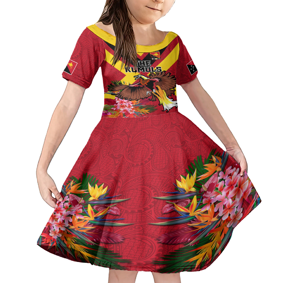 Custom Papua New Guinea Rugby Family Matching Long Sleeve Bodycon Dress and Hawaiian Shirt Bird of Paradise and Hibiscus Polynesian Pattern Red Color LT03 Daughter's Dress Red - Polynesian Pride