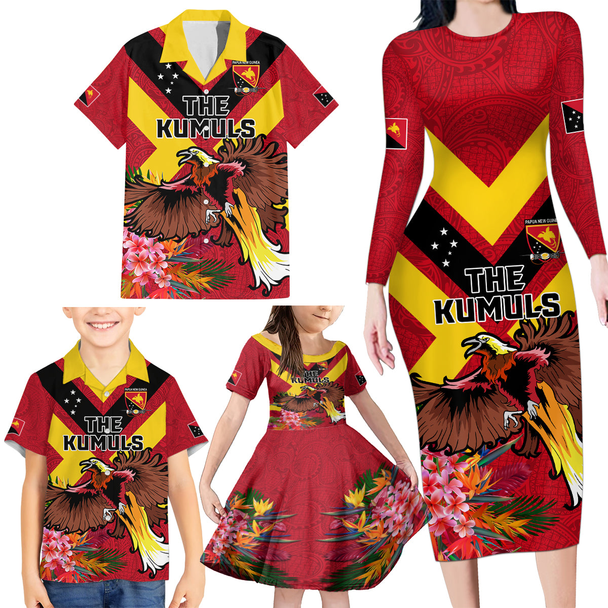Custom Papua New Guinea Rugby Family Matching Long Sleeve Bodycon Dress and Hawaiian Shirt Bird of Paradise and Hibiscus Polynesian Pattern Red Color LT03 - Polynesian Pride