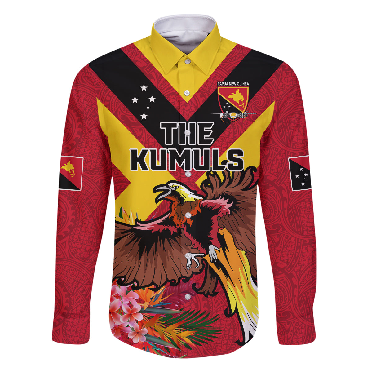 Custom Papua New Guinea Rugby Family Matching Mermaid Dress and Hawaiian Shirt Bird of Paradise and Hibiscus Polynesian Pattern Red Color LT03 Dad's Shirt - Long Sleeve Red - Polynesian Pride