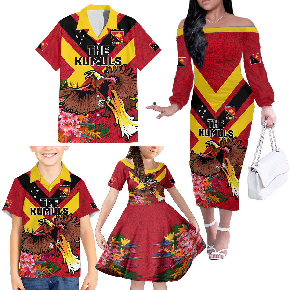 Custom Papua New Guinea Rugby Family Matching Off The Shoulder Long Sleeve Dress and Hawaiian Shirt Bird of Paradise and Hibiscus Polynesian Pattern Red Color LT03 - Polynesian Pride