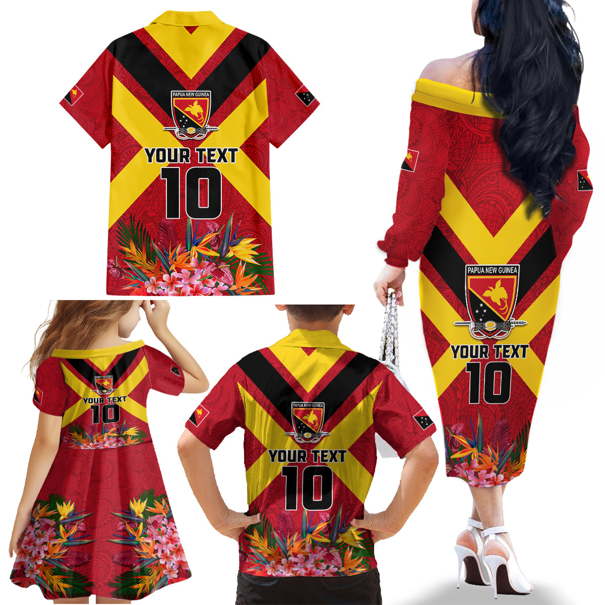 Custom Papua New Guinea Rugby Family Matching Off The Shoulder Long Sleeve Dress and Hawaiian Shirt Bird of Paradise and Hibiscus Polynesian Pattern Red Color LT03 - Polynesian Pride