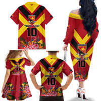 Custom Papua New Guinea Rugby Family Matching Off The Shoulder Long Sleeve Dress and Hawaiian Shirt Bird of Paradise and Hibiscus Polynesian Pattern Red Color LT03 - Polynesian Pride