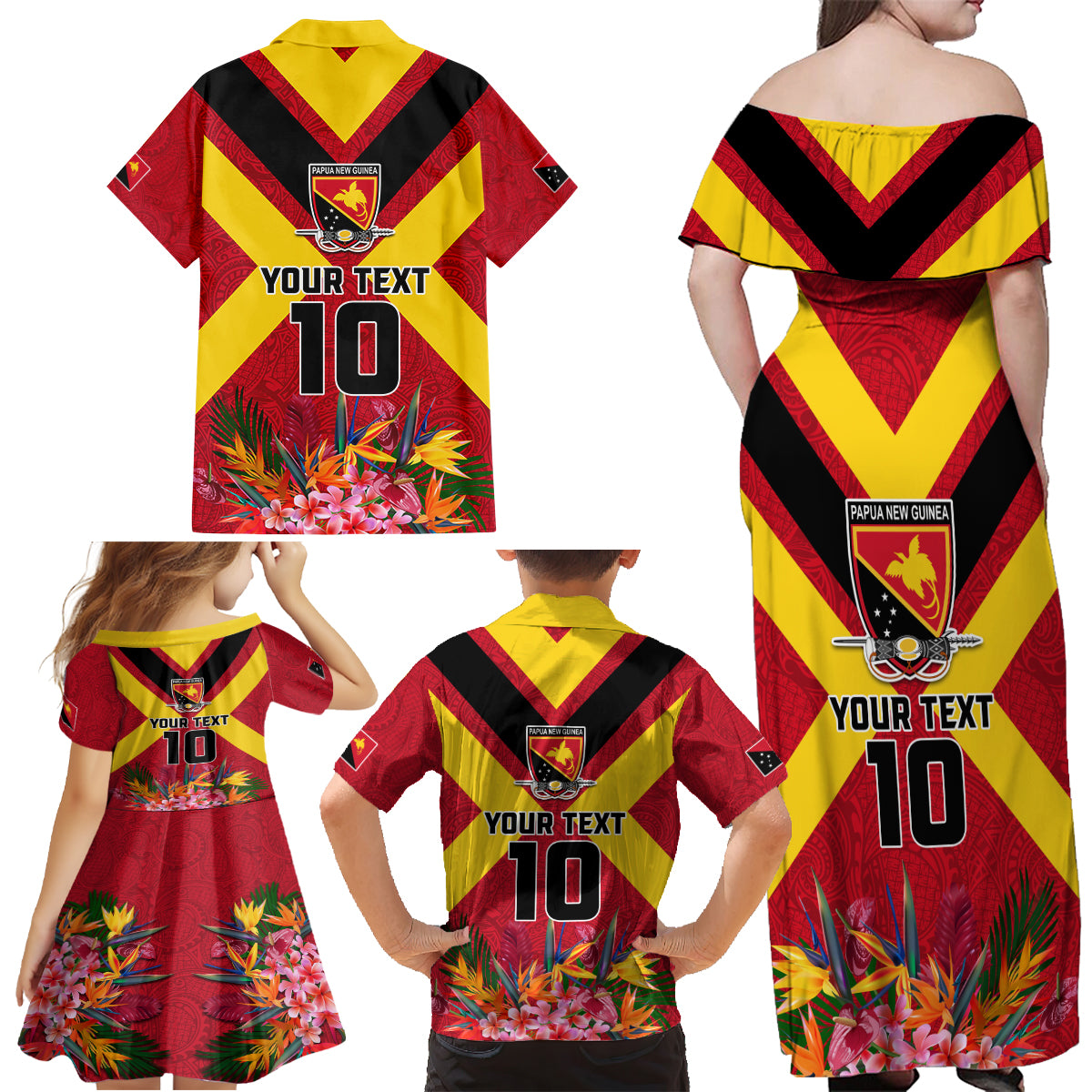 Custom Papua New Guinea Rugby Family Matching Off Shoulder Maxi Dress and Hawaiian Shirt Bird of Paradise and Hibiscus Polynesian Pattern Red Color LT03 - Polynesian Pride
