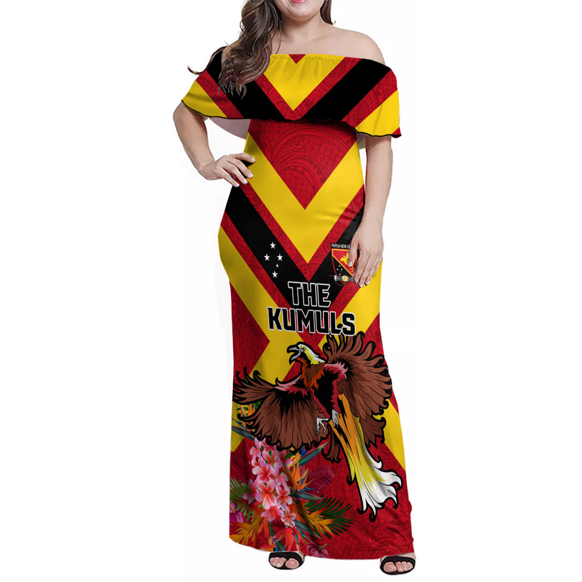 Custom Papua New Guinea Rugby Family Matching Off Shoulder Maxi Dress and Hawaiian Shirt Bird of Paradise and Hibiscus Polynesian Pattern Red Color LT03 Mom's Dress Red - Polynesian Pride