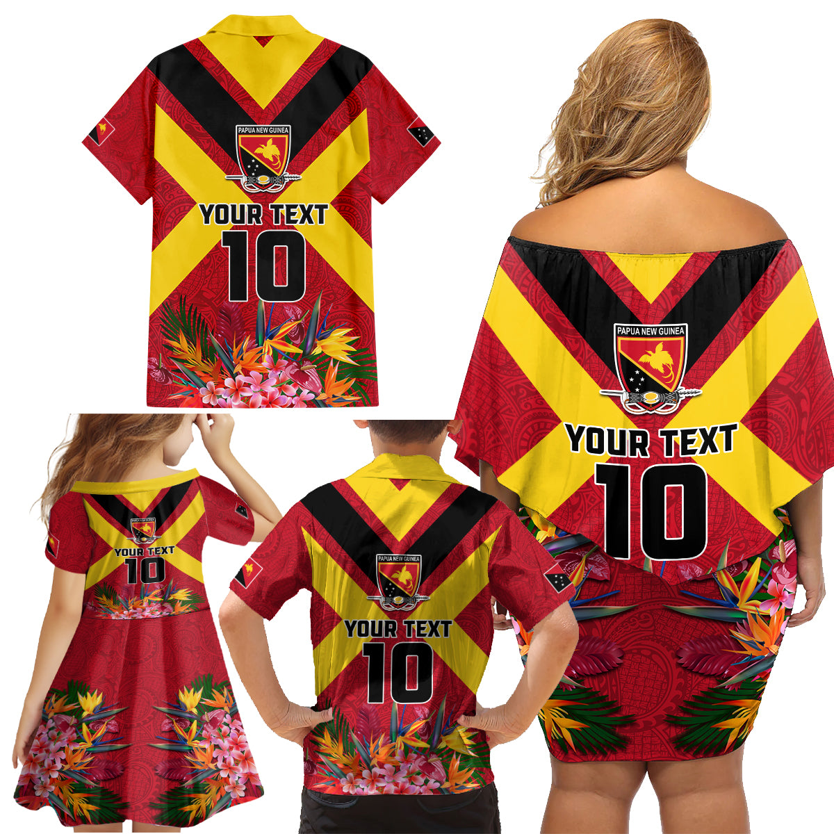 Custom Papua New Guinea Rugby Family Matching Off Shoulder Short Dress and Hawaiian Shirt Bird of Paradise and Hibiscus Polynesian Pattern Red Color LT03 - Polynesian Pride