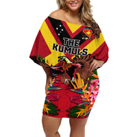 Custom Papua New Guinea Rugby Family Matching Off Shoulder Short Dress and Hawaiian Shirt Bird of Paradise and Hibiscus Polynesian Pattern Red Color LT03 Mom's Dress Red - Polynesian Pride