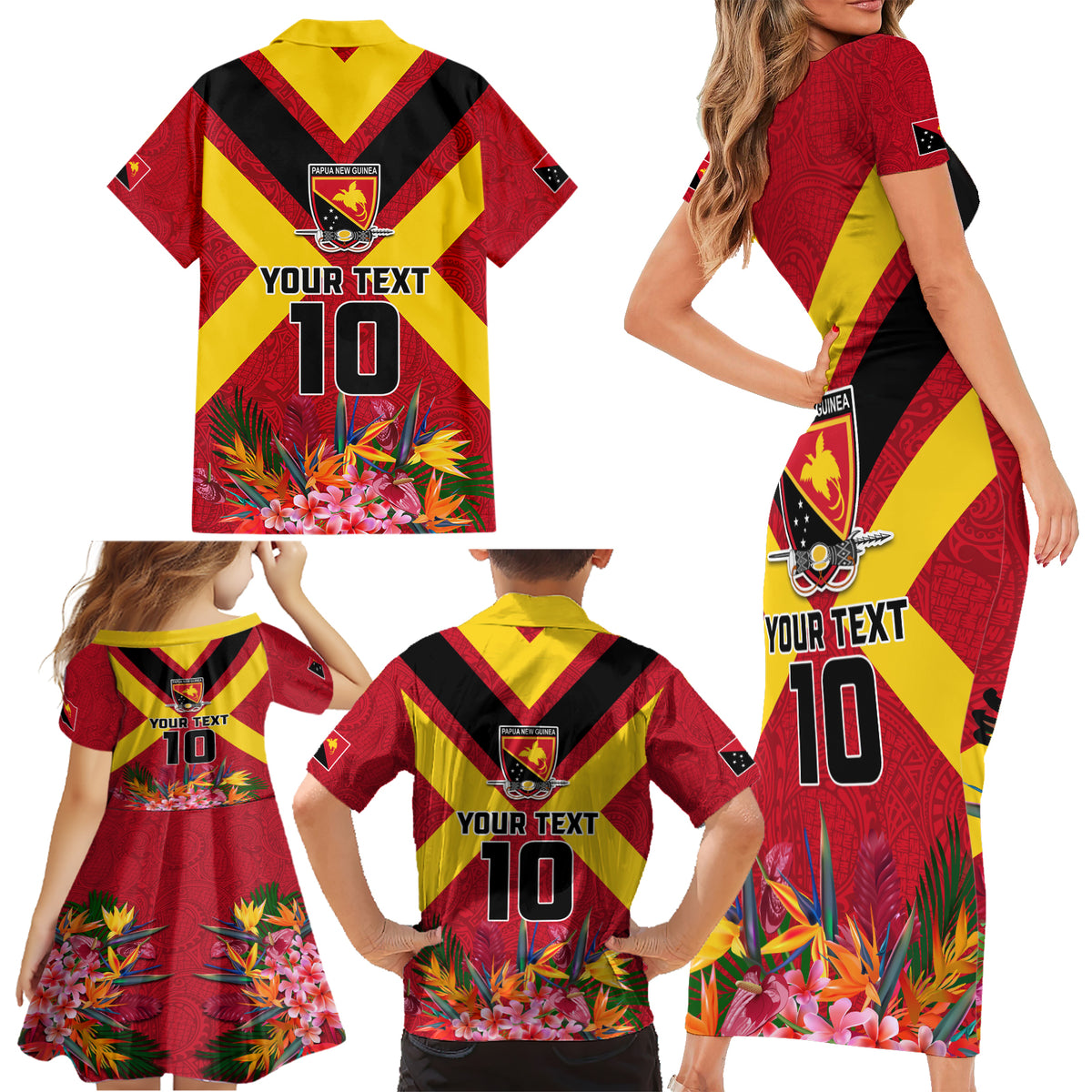 Custom Papua New Guinea Rugby Family Matching Short Sleeve Bodycon Dress and Hawaiian Shirt Bird of Paradise and Hibiscus Polynesian Pattern Red Color LT03 - Polynesian Pride