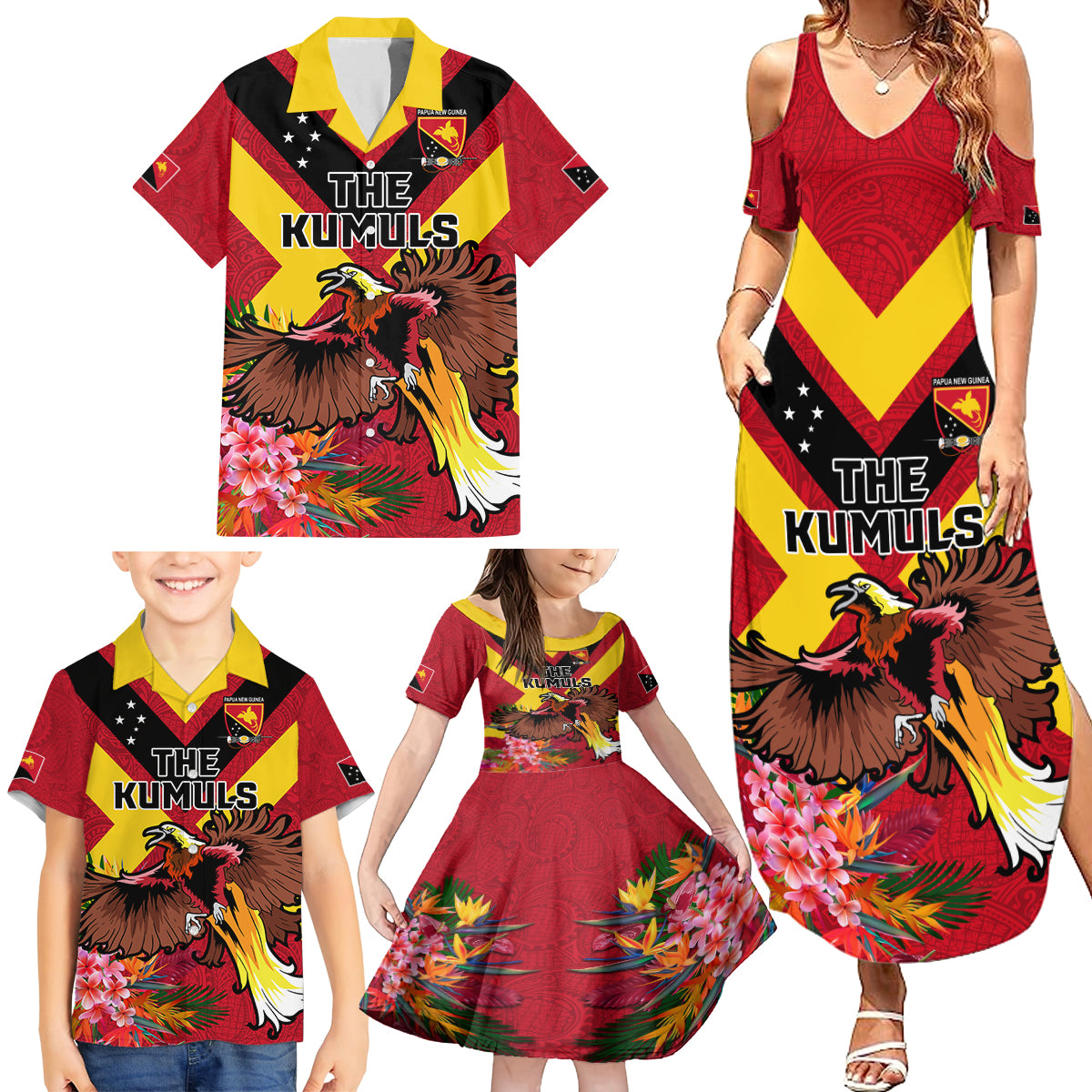 Custom Papua New Guinea Rugby Family Matching Summer Maxi Dress and Hawaiian Shirt Bird of Paradise and Hibiscus Polynesian Pattern Red Color LT03 - Polynesian Pride