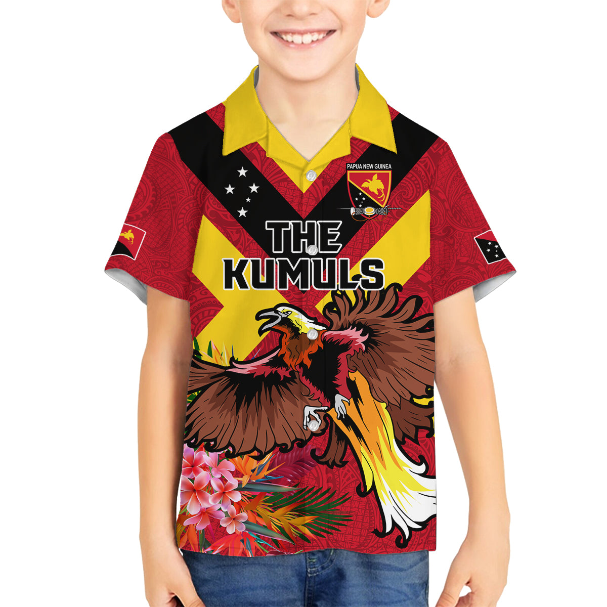 Custom Papua New Guinea Rugby Family Matching Summer Maxi Dress and Hawaiian Shirt Bird of Paradise and Hibiscus Polynesian Pattern Red Color LT03 Son's Shirt Red - Polynesian Pride