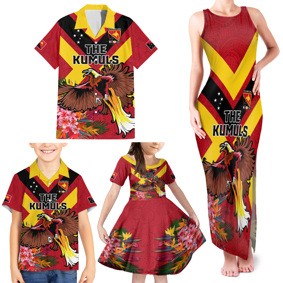 Custom Papua New Guinea Rugby Family Matching Tank Maxi Dress and Hawaiian Shirt Bird of Paradise and Hibiscus Polynesian Pattern Red Color LT03 - Polynesian Pride