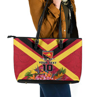Custom Papua New Guinea Rugby Leather Tote Bag Bird of Paradise and Hibiscus Polynesian Pattern Red Color