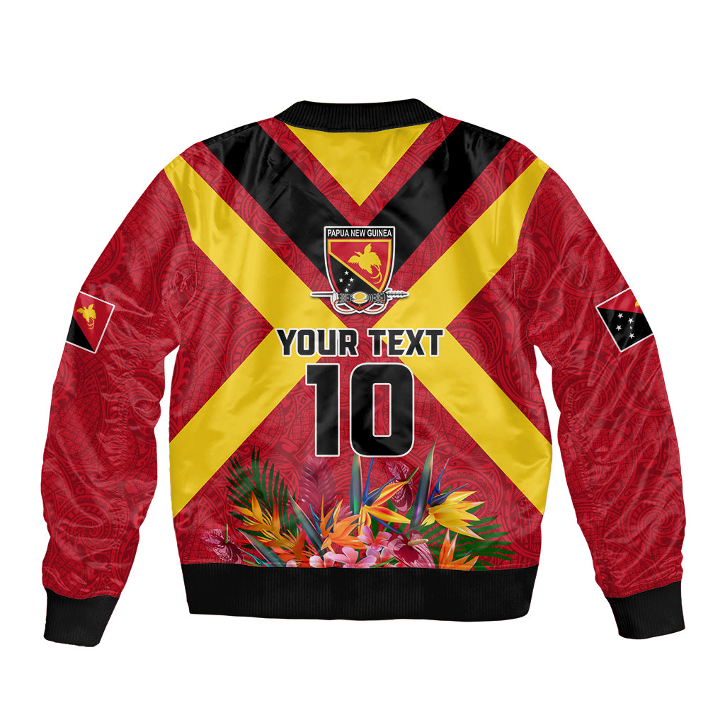 Custom Papua New Guinea Rugby Sleeve Zip Bomber Jacket Bird of Paradise and Hibiscus Polynesian Pattern Red Color LT03 - Polynesian Pride