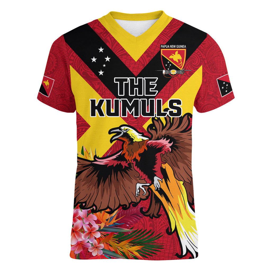 Custom Papua New Guinea Rugby Women V Neck T Shirt Bird of Paradise and Hibiscus Polynesian Pattern Red Color LT03