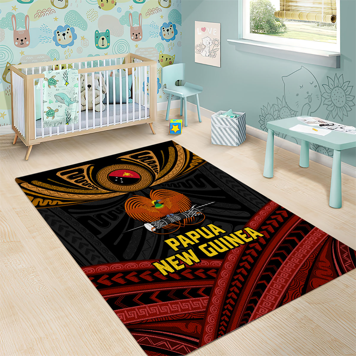 Papua New Guinea Bird-of-Paradise Area Rug Coat of Arms and Tribal Patterns