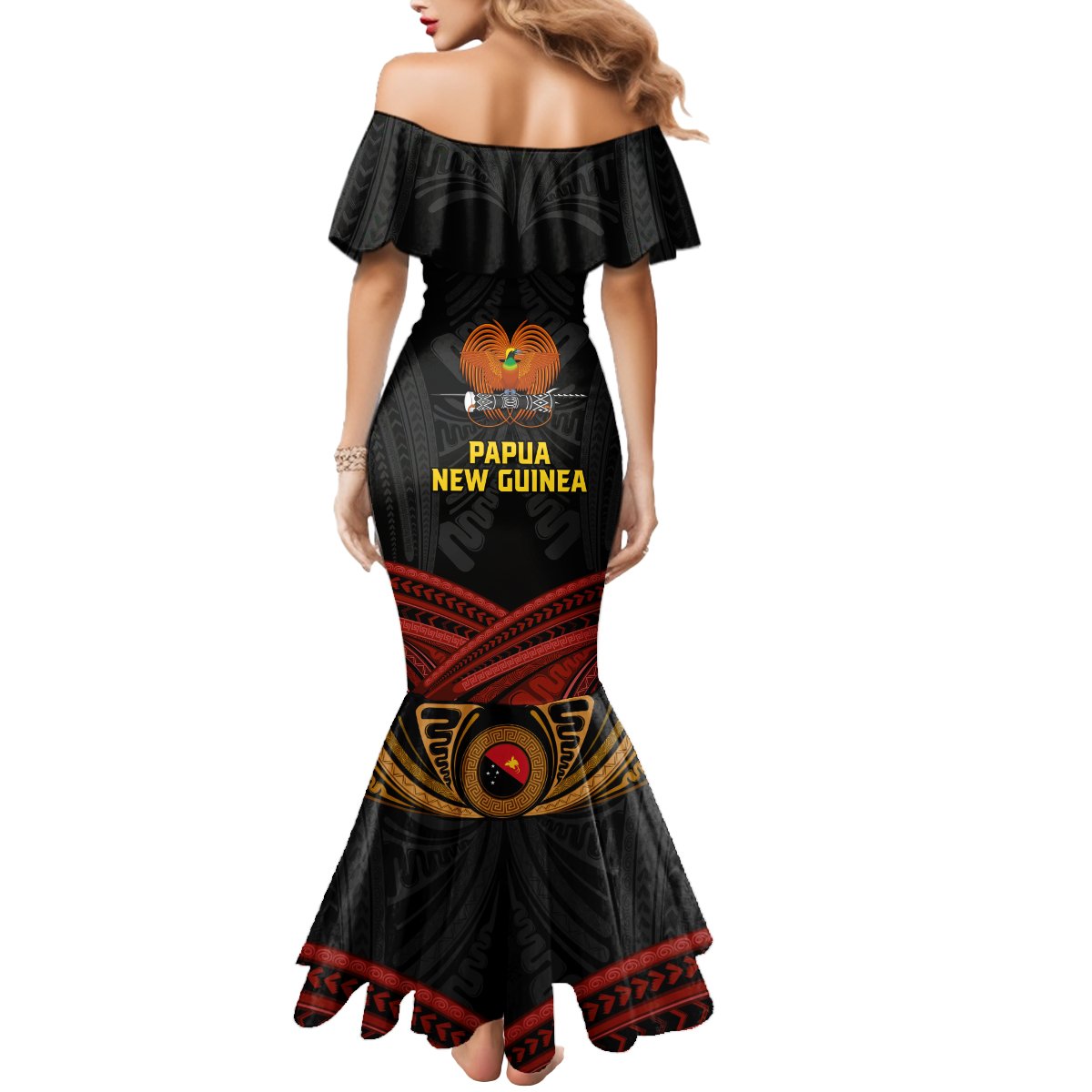 Papua New Guinea Bird-of-Paradise Mermaid Dress Coat of Arms and Tribal Patterns LT03 - Polynesian Pride