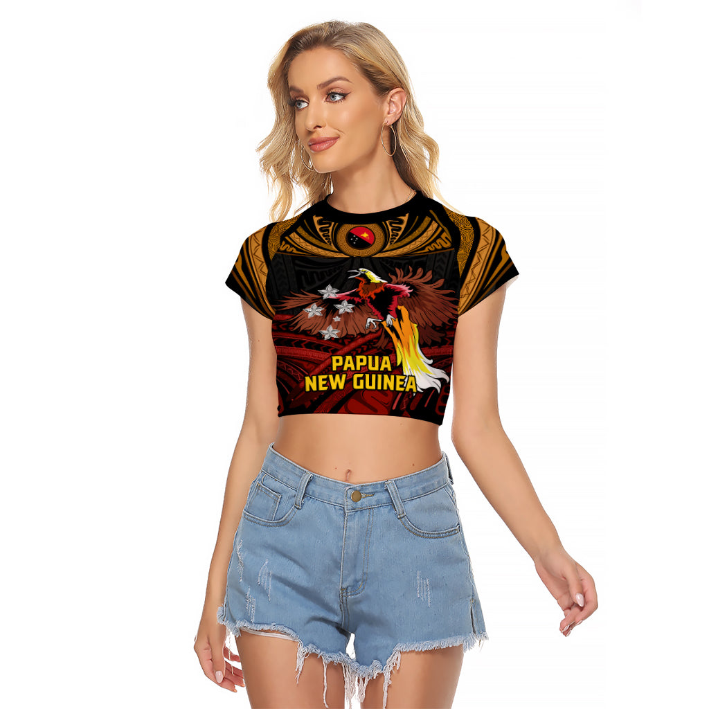Papua New Guinea Bird-of-Paradise Raglan Cropped T Shirt Coat of Arms and Tribal Patterns LT03 Female Black - Polynesian Pride