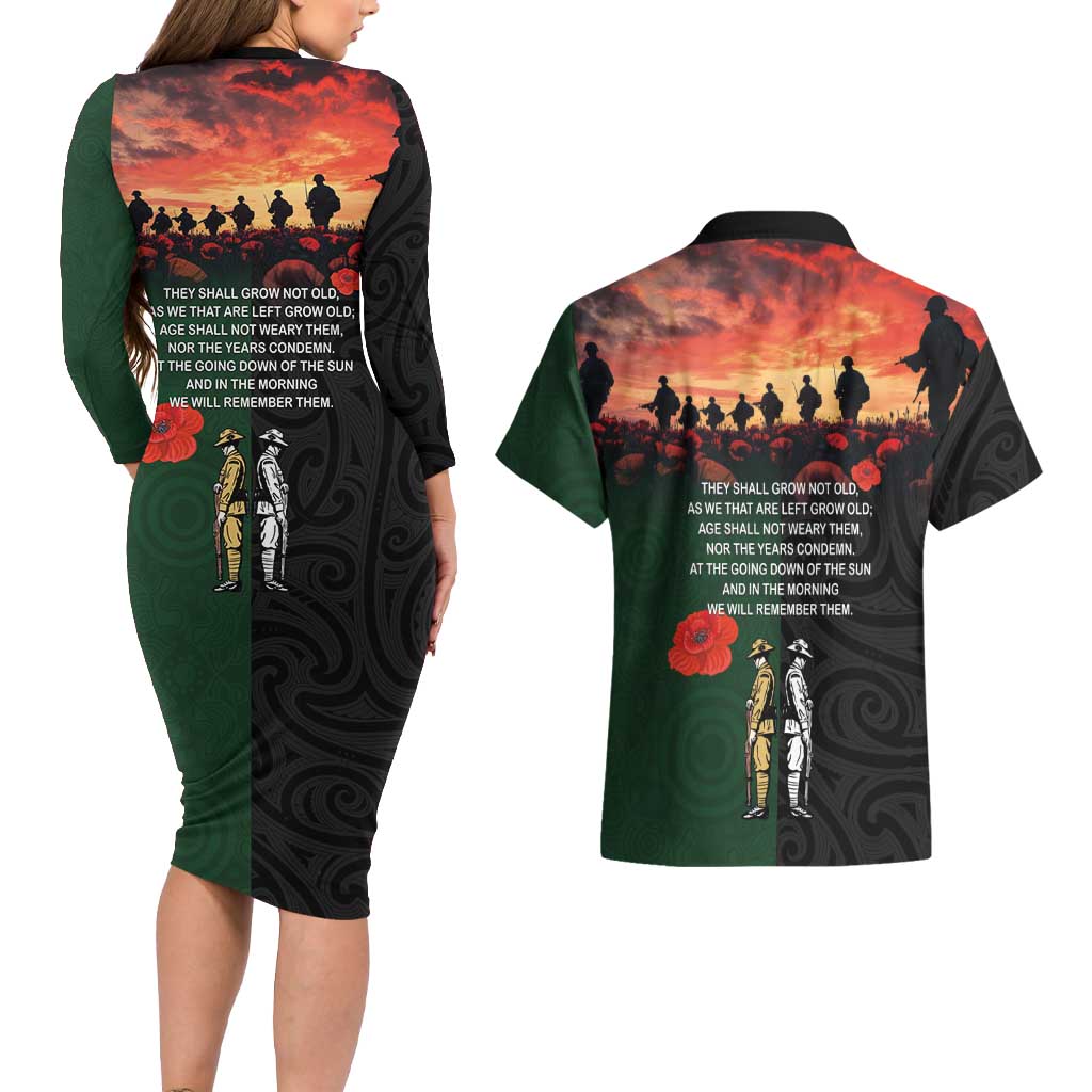 New Zealand and Australia ANZAC Day Couples Matching Long Sleeve Bodycon Dress and Hawaiian Shirt Lest We Forget Indigenous and Maori Pattern LT03 - Polynesian Pride