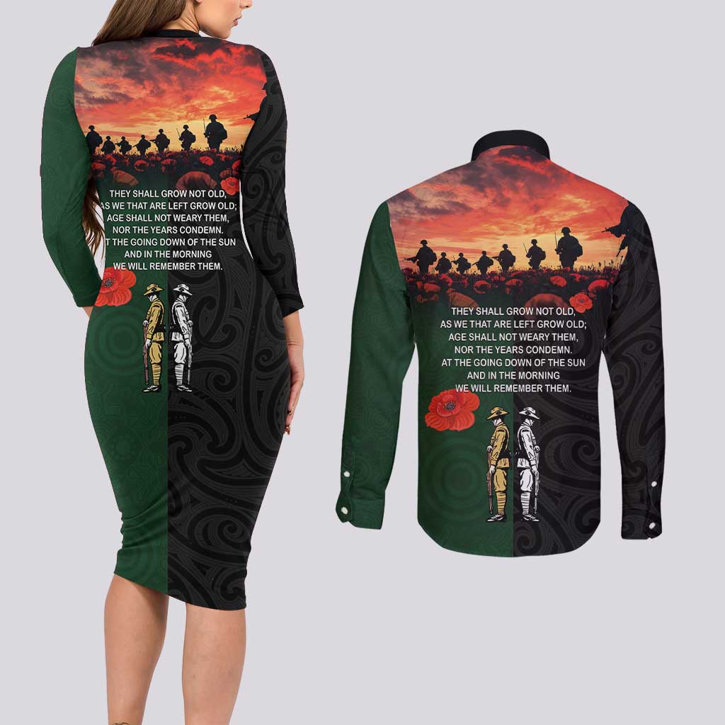 New Zealand and Australia ANZAC Day Couples Matching Long Sleeve Bodycon Dress and Long Sleeve Button Shirt Lest We Forget Indigenous and Maori Pattern LT03 - Polynesian Pride