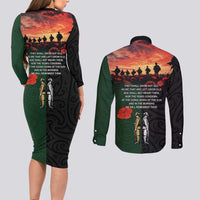 New Zealand and Australia ANZAC Day Couples Matching Long Sleeve Bodycon Dress and Long Sleeve Button Shirt Lest We Forget Indigenous and Maori Pattern LT03 - Polynesian Pride