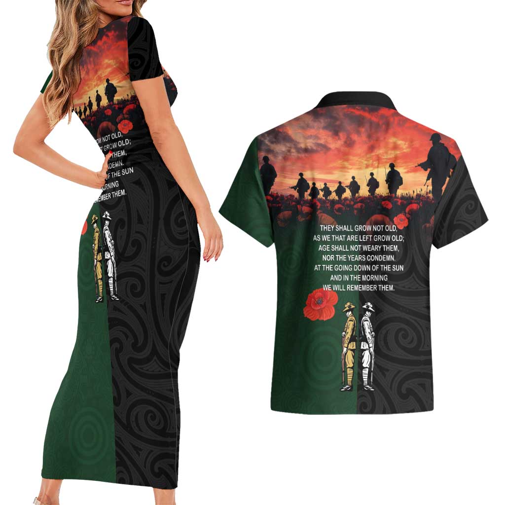 New Zealand and Australia ANZAC Day Couples Matching Short Sleeve Bodycon Dress and Hawaiian Shirt Lest We Forget Indigenous and Maori Pattern LT03 - Polynesian Pride