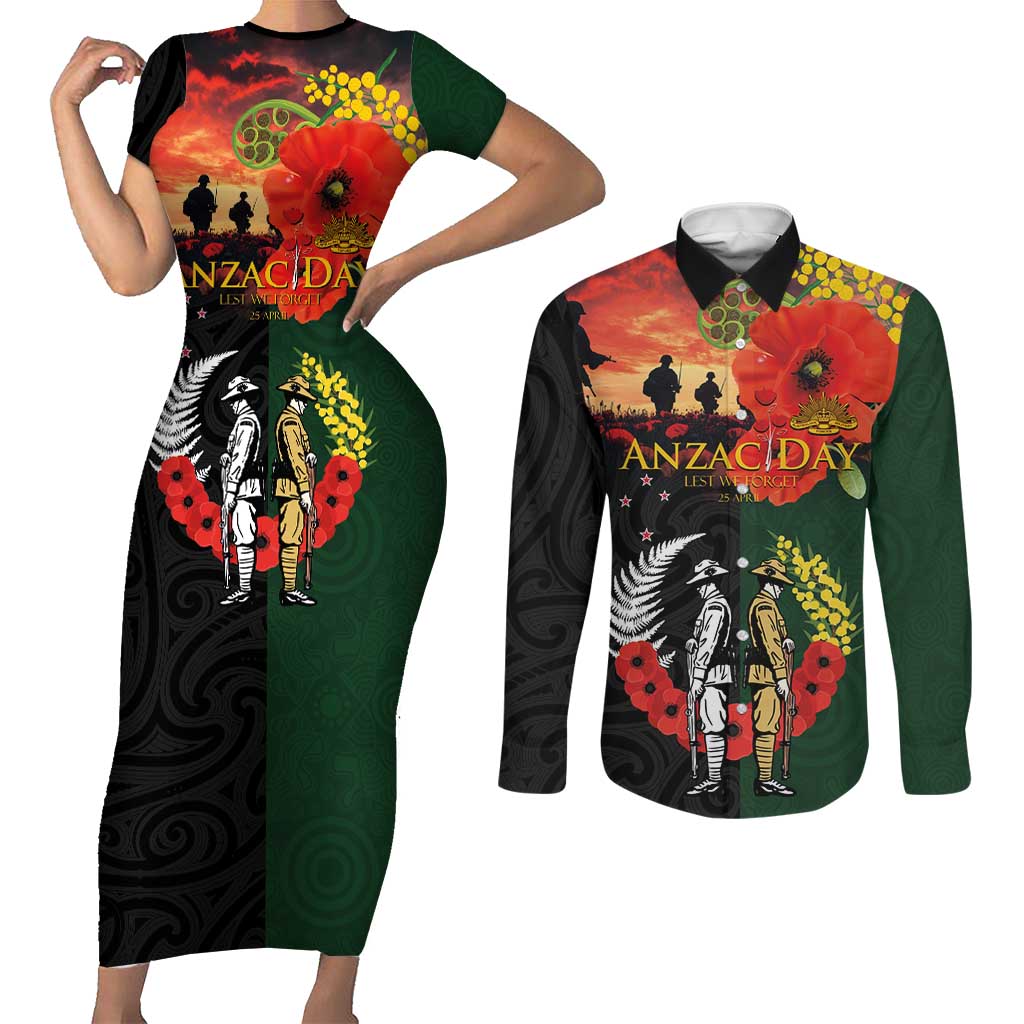 New Zealand and Australia ANZAC Day Couples Matching Short Sleeve Bodycon Dress and Long Sleeve Button Shirt Lest We Forget Indigenous and Maori Pattern LT03 Multicolor - Polynesian Pride