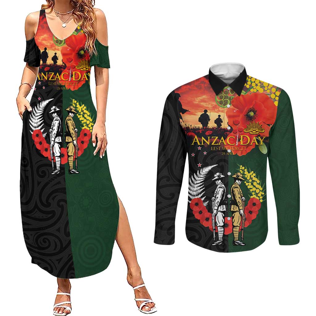 New Zealand and Australia ANZAC Day Couples Matching Summer Maxi Dress and Long Sleeve Button Shirt Lest We Forget Indigenous and Maori Pattern
