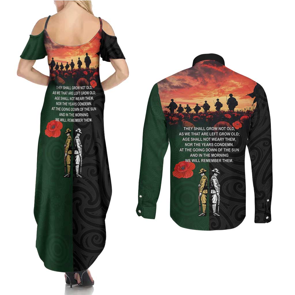 New Zealand and Australia ANZAC Day Couples Matching Summer Maxi Dress and Long Sleeve Button Shirt Lest We Forget Indigenous and Maori Pattern