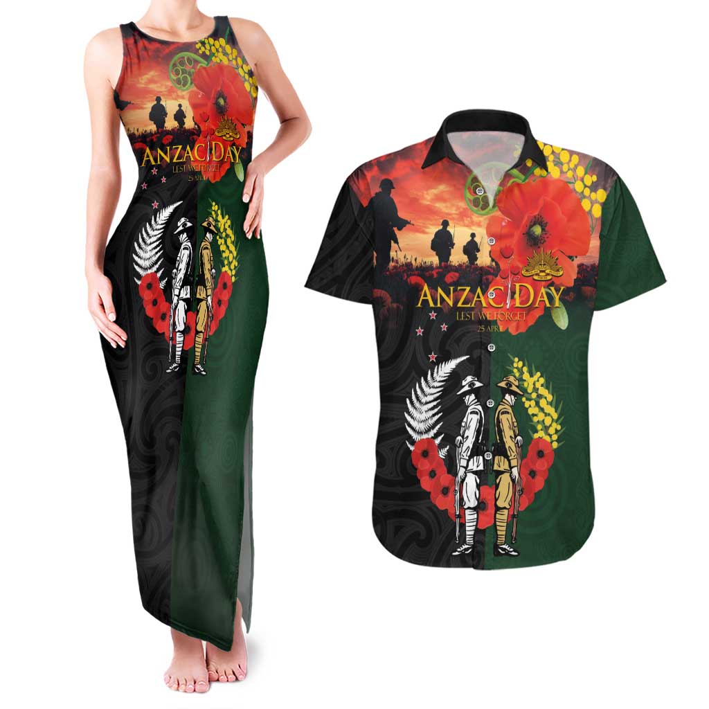 New Zealand and Australia ANZAC Day Couples Matching Tank Maxi Dress and Hawaiian Shirt Lest We Forget Indigenous and Maori Pattern
