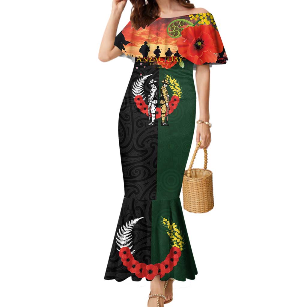 New Zealand and Australia ANZAC Day Family Matching Mermaid Dress and Hawaiian Shirt Lest We Forget Indigenous and Maori Pattern LT03 Mom's Dress Multicolor - Polynesian Pride