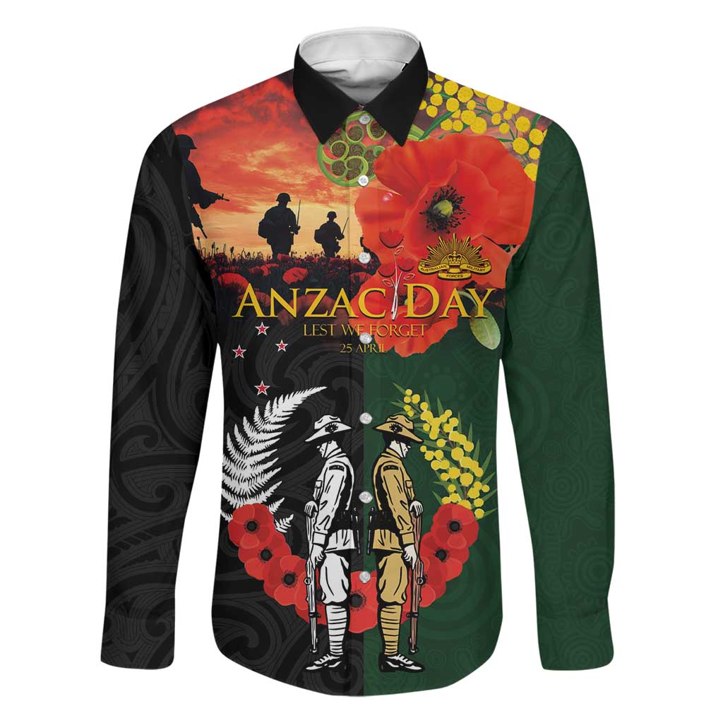 New Zealand and Australia ANZAC Day Family Matching Off The Shoulder Long Sleeve Dress and Hawaiian Shirt Lest We Forget Indigenous and Maori Pattern LT03 Dad's Shirt - Long Sleeve Multicolor - Polynesian Pride