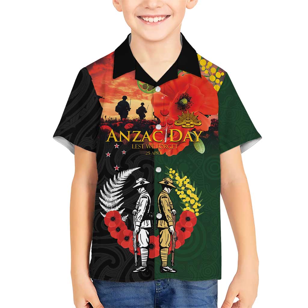 New Zealand and Australia ANZAC Day Family Matching Off Shoulder Maxi Dress and Hawaiian Shirt Lest We Forget Indigenous and Maori Pattern LT03 Son's Shirt Multicolor - Polynesian Pride