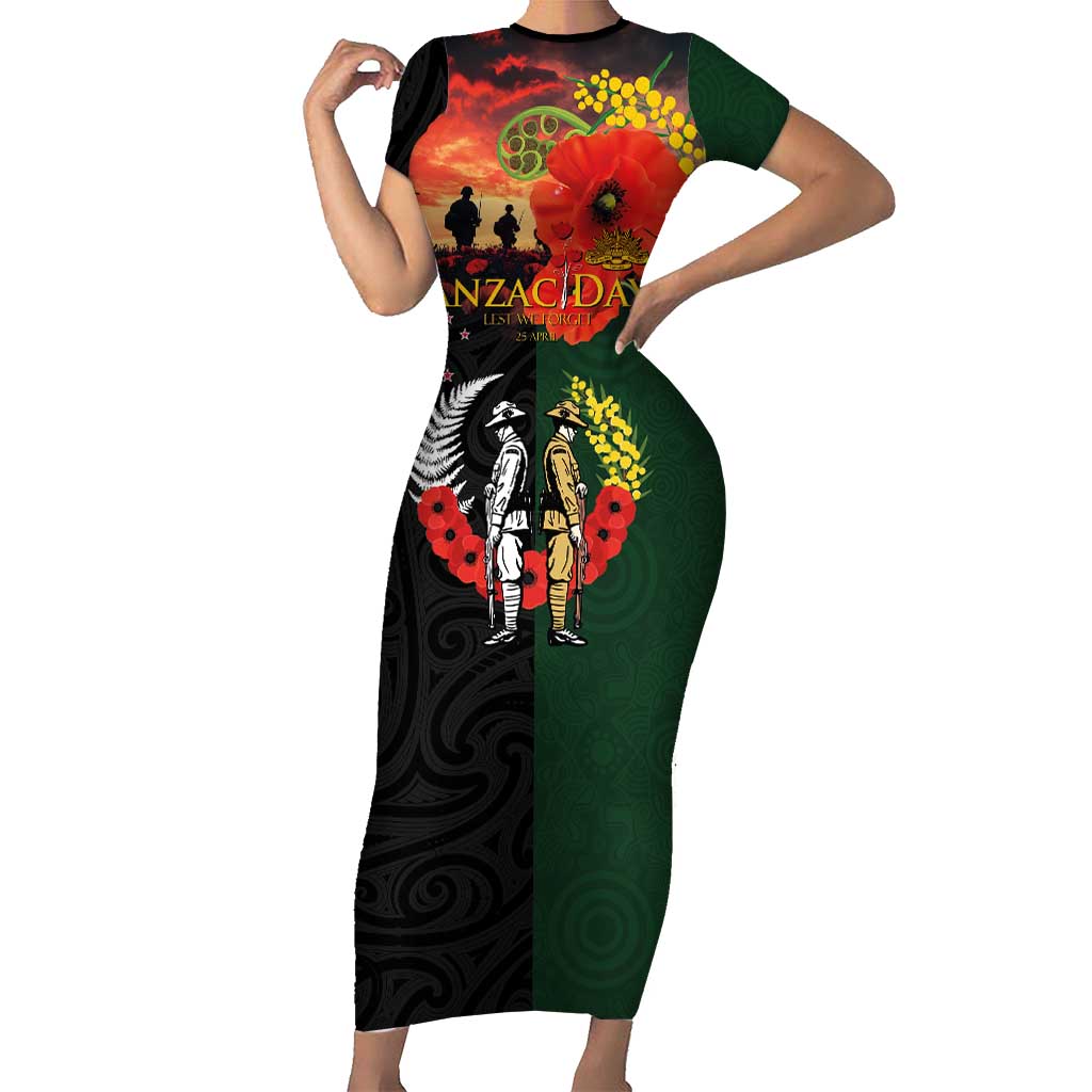 New Zealand and Australia ANZAC Day Family Matching Short Sleeve Bodycon Dress and Hawaiian Shirt Lest We Forget Indigenous and Maori Pattern LT03 Mom's Dress Multicolor - Polynesian Pride