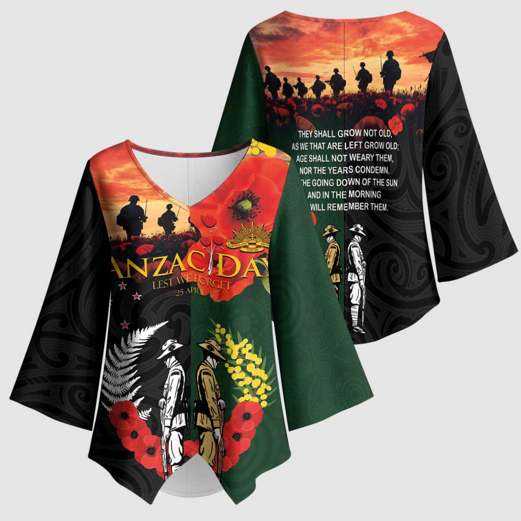 New Zealand and Australia ANZAC Day Kimono Sleeve Blouse Lest We Forget Indigenous and Maori Pattern