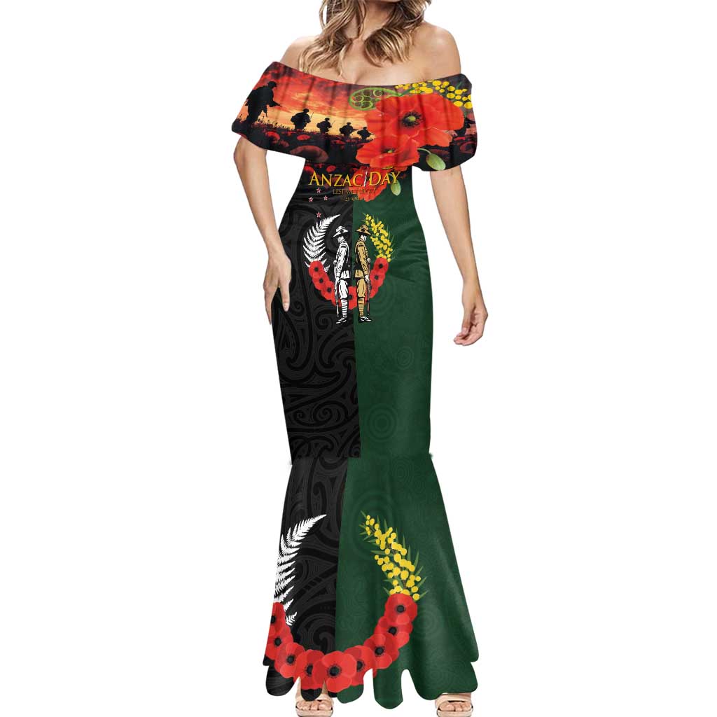 New Zealand and Australia ANZAC Day Mermaid Dress Lest We Forget Indigenous and Maori Pattern