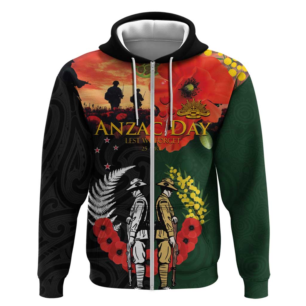 New Zealand and Australia ANZAC Day Zip Hoodie Lest We Forget Indigenous and Maori Pattern