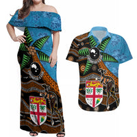 Fiji and Australia Couples Matching Off Shoulder Maxi Dress and Hawaiian Shirt Fijian and Aboriginal mix Culture LT03 Blue - Polynesian Pride