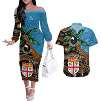 Fiji and Australia Couples Matching Off The Shoulder Long Sleeve Dress and Hawaiian Shirt Fijian and Aboriginal mix Culture LT03 Blue - Polynesian Pride