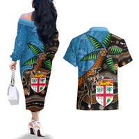 Fiji and Australia Couples Matching Off The Shoulder Long Sleeve Dress and Hawaiian Shirt Fijian and Aboriginal mix Culture LT03 - Polynesian Pride