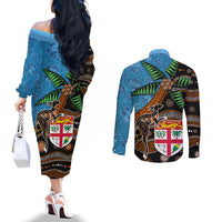 Fiji and Australia Couples Matching Off The Shoulder Long Sleeve Dress and Long Sleeve Button Shirt Fijian and Aboriginal mix Culture LT03 - Polynesian Pride