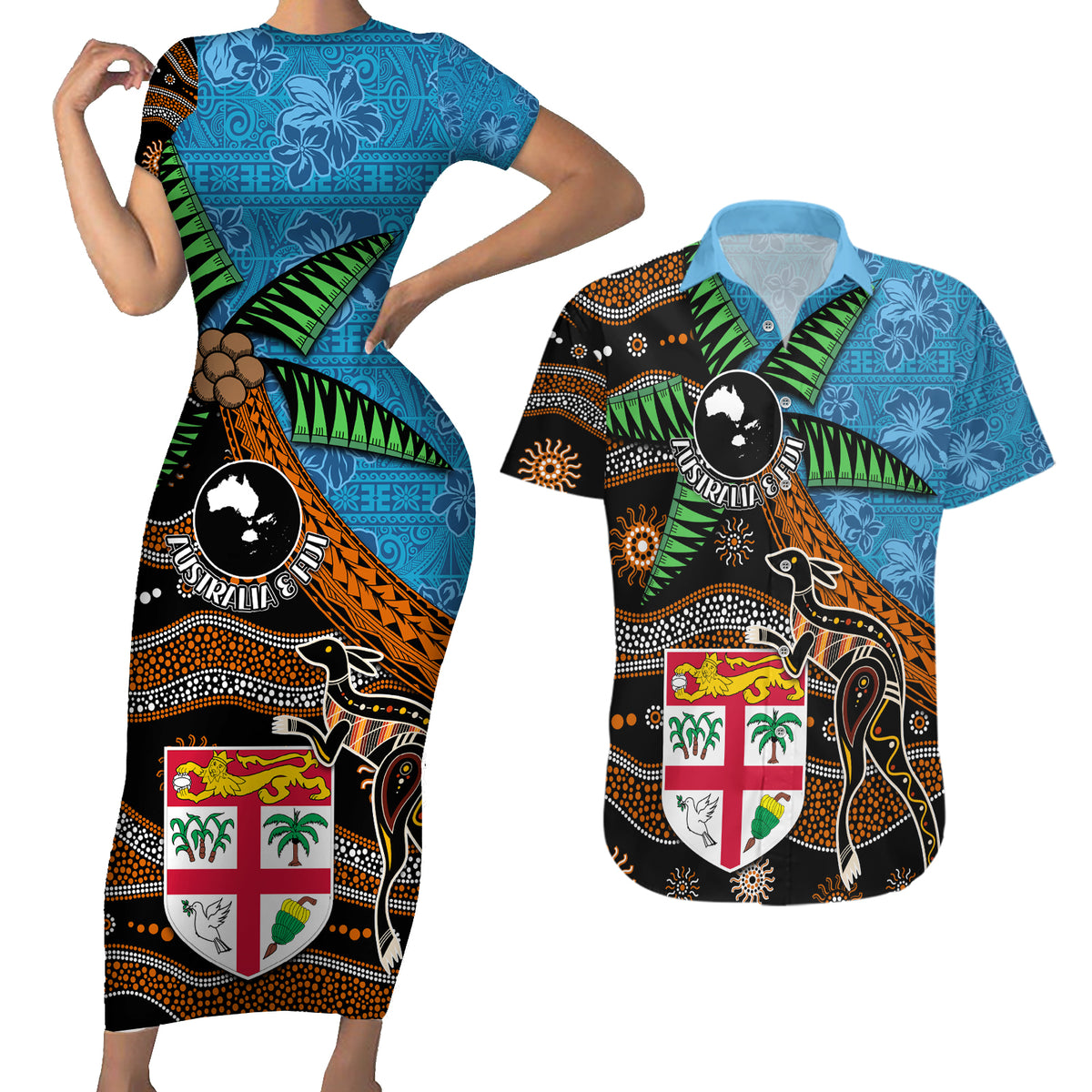 Fiji and Australia Couples Matching Short Sleeve Bodycon Dress and Hawaiian Shirt Fijian and Aboriginal mix Culture LT03 Blue - Polynesian Pride