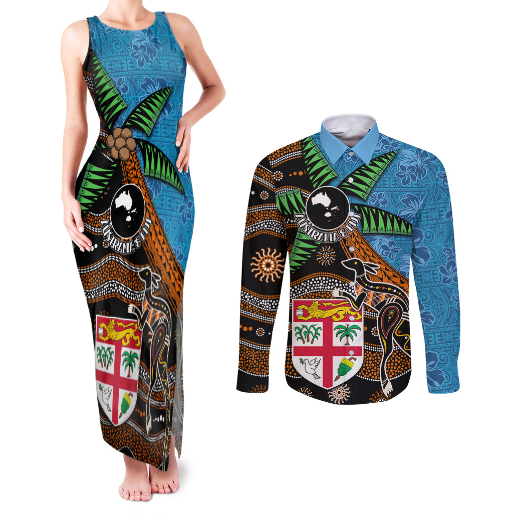 Fiji and Australia Couples Matching Tank Maxi Dress and Long Sleeve Button Shirt Fijian and Aboriginal mix Culture LT03 Blue - Polynesian Pride