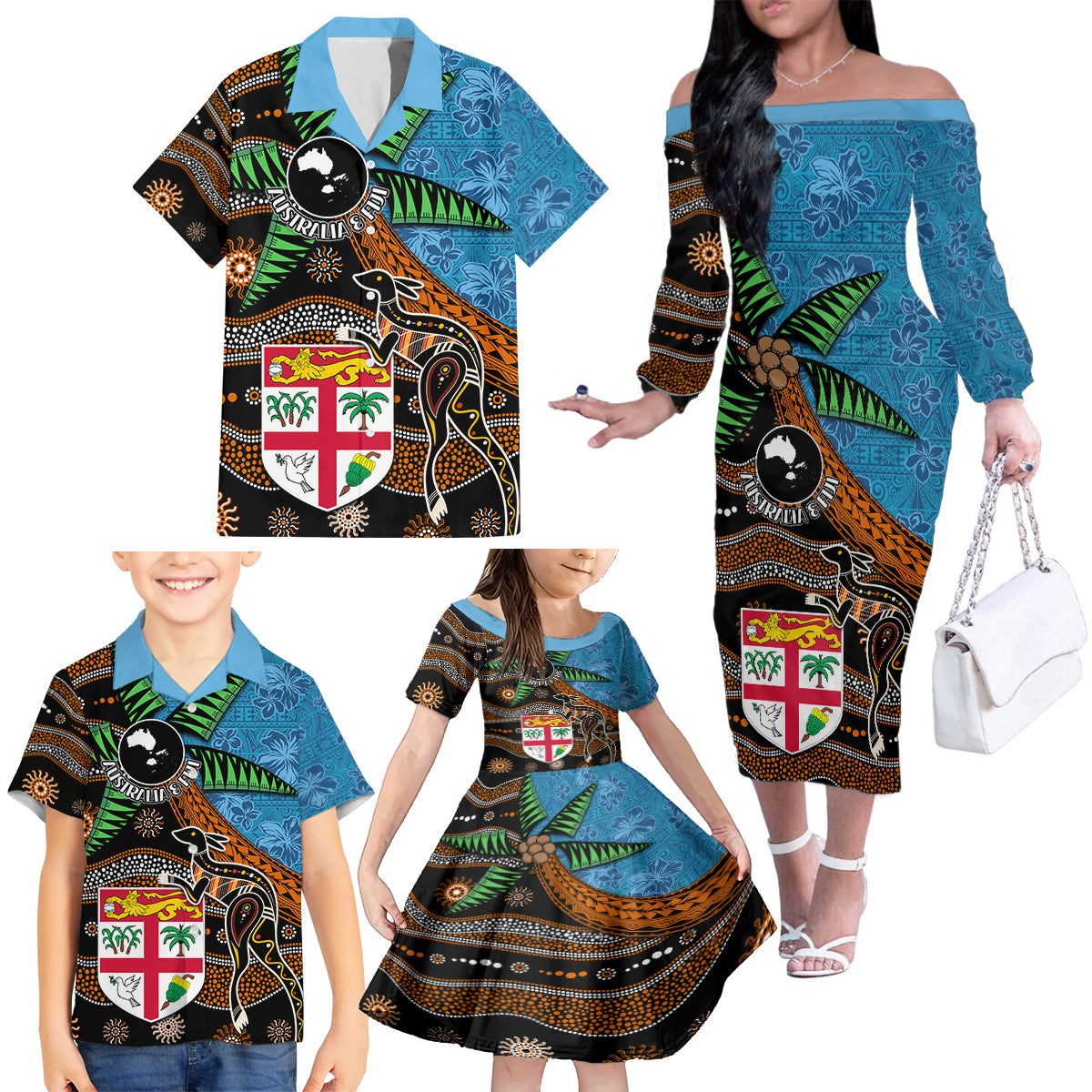 Fiji and Australia Family Matching Off The Shoulder Long Sleeve Dress and Hawaiian Shirt Fijian and Aboriginal mix Culture LT03 - Polynesian Pride